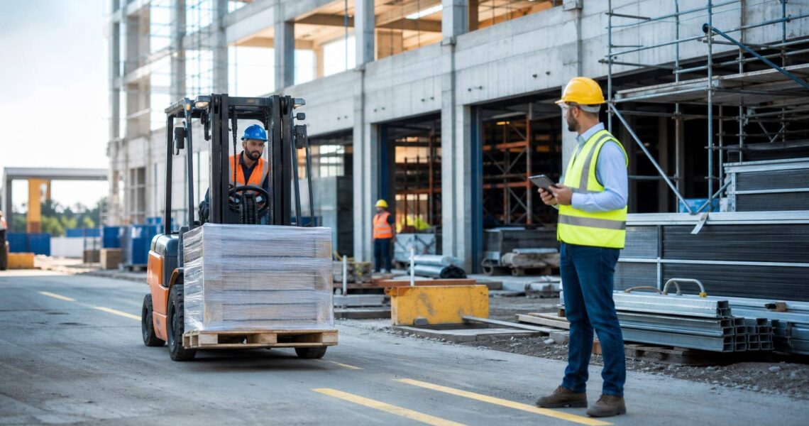Foto de um canteiro de obras com empilhadeira movimentando pallets e gerente conferindo tablet em área organizada