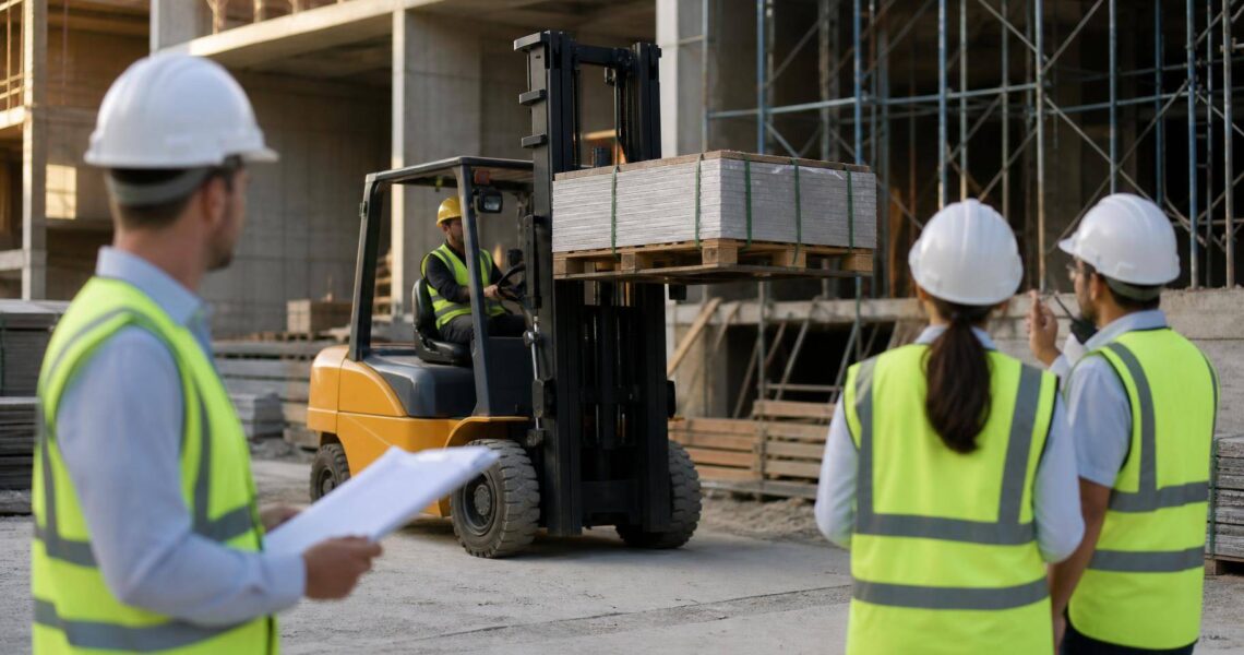 Empilhadeira com operador de colete refletivo e capacete levantando paletes de materiais num canteiro de obras, enquanto engenheiro consulta plantas em prancheta com equipe treinada ao fundo