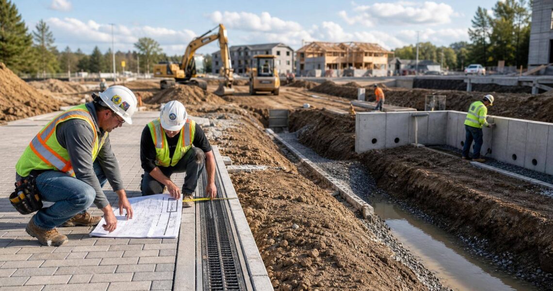 Engenheiros inspecionam sistemas de drenagem em canteiro de obras pronto para chuvas