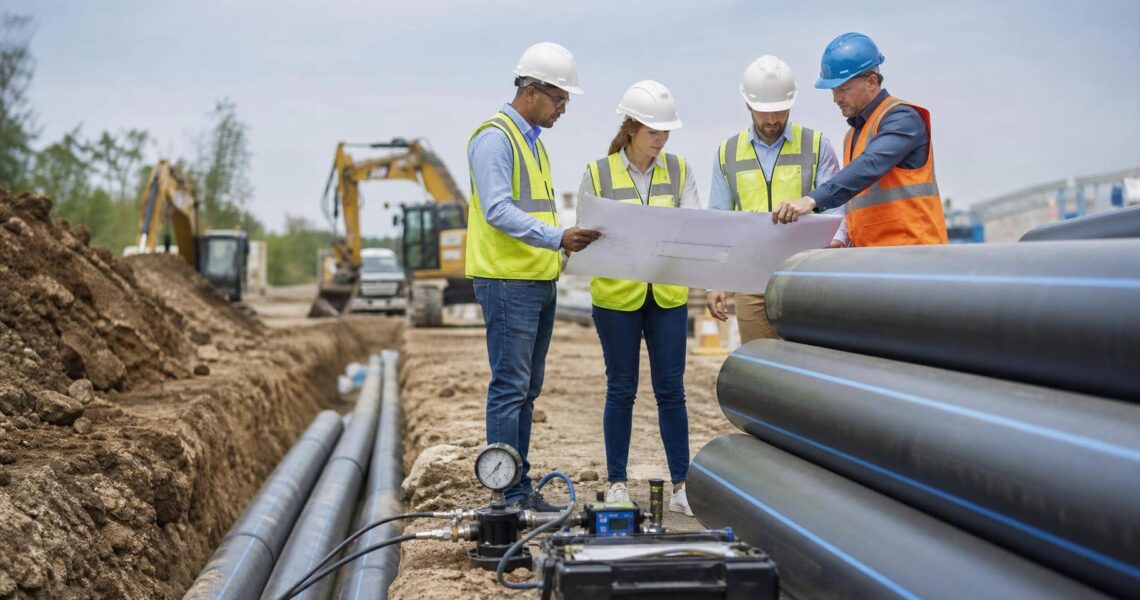 Foto de uma equipe de engenheiros da construção civil consultando plantas e instalando tubos PEAD em um canteiro de obras, com equipamentos de teste de pressão ao lado e vala parcialmente escavada.